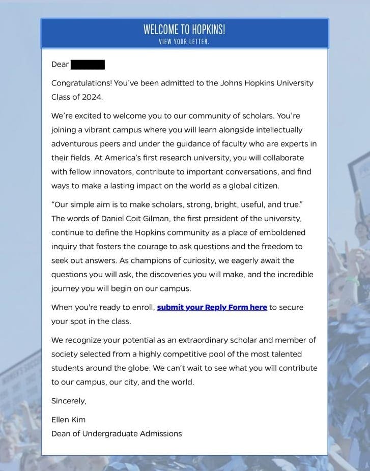 An acceptance letter from John Hopkins University.