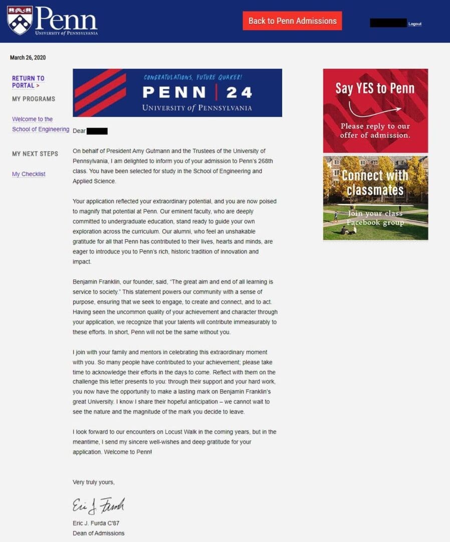 An acceptance letter from the University of Pennsylvania.